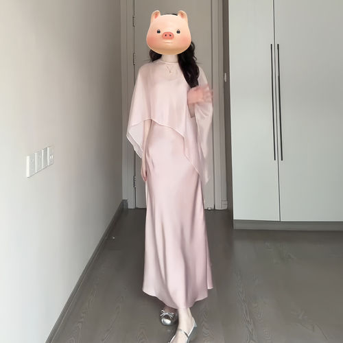 大码胖mm韩式氛围感粉色罩衫配v领连衣裙女夏季绝美掐腰显瘦套装