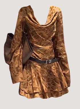 大码胖妹妹黄色豹纹长袖连衣裙收腰显瘦a字短裙御姐风情万种裙子