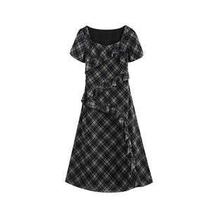 法式复古格纹韩版收腰A字连衣裙夏季新款胖MM遮肉大码显瘦长裙子