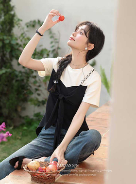 大码胖妹妹法式气质假两件短袖t恤女夏季新款独特设计感拼色上衣