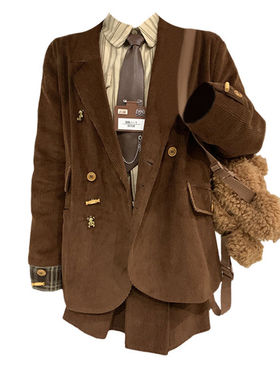 大码胖mm美拉德风套装灯芯绒西装外套女条纹衬衫秋冬A字裙三件套