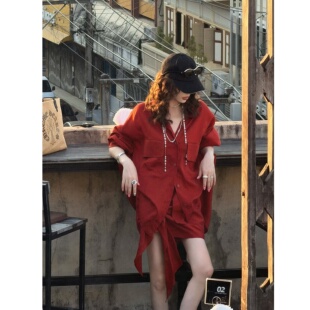 大码 复古翻领红色宽松衬衫 女不规则设计感绑带半身裙套装 胖MM法式