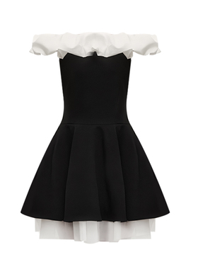 大码胖MM遮肚子显瘦收腰连衣裙夏季新款法式气质一字领露肩短裙子