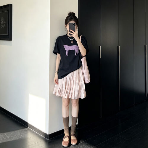 大码胖妹妹慵懒风气质印花短袖T恤压褶半裙夏季新款辣妹两件套女