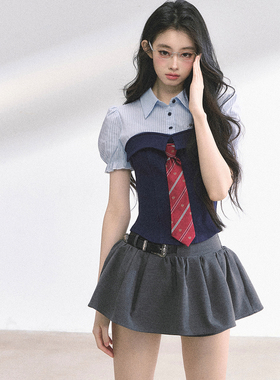 韩系学院风条纹POLO领拼接假两件衬衫夏季新款高腰短裙两件套装女