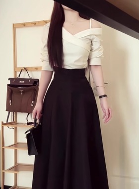 大码胖mm法式斜肩白色衬衫加高腰半身裙套装女秋季时尚小众一整套