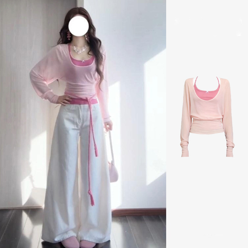 大码胖MM甜美减龄内搭修身挂脖吊带背心女收腰显瘦长袖罩衫两件套