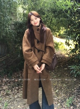 大码胖mm韩版牛角扣毛呢大衣女装秋冬长款高级感气质独特气质外套