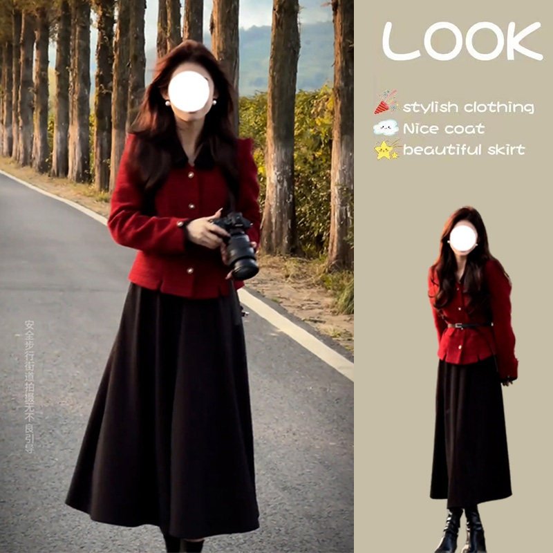 大码胖MM法式高级感气质复古红色短款外套百搭黑色半身裙两件套装,女装/女士精品,时尚套装,淘宝优惠券,粉丝福利购,淘宝优惠卷