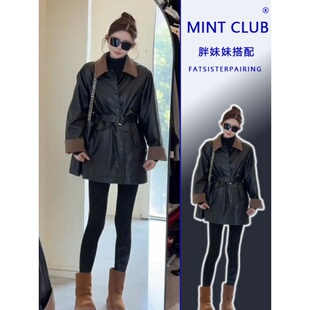 大码 加厚拼色皮衣外套女小众高级感气质收腰显瘦百搭夹克 胖MM法式