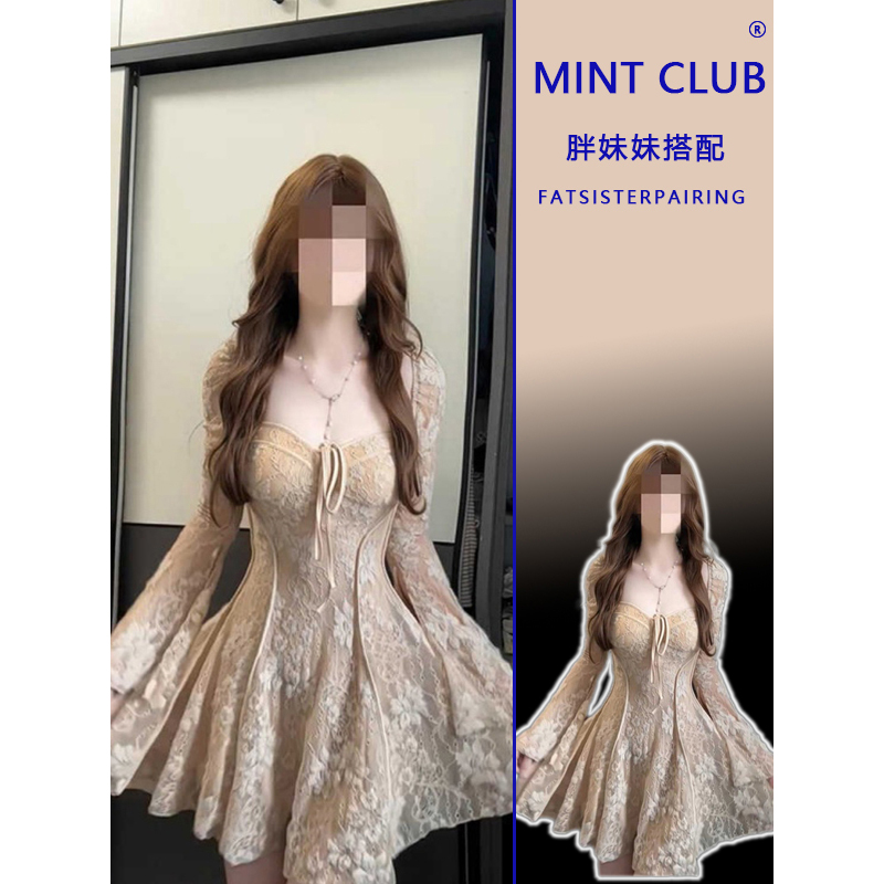 秋冬新款法式纯欲风方领系带收腰短裙女大码胖mm绝美显瘦连衣裙潮