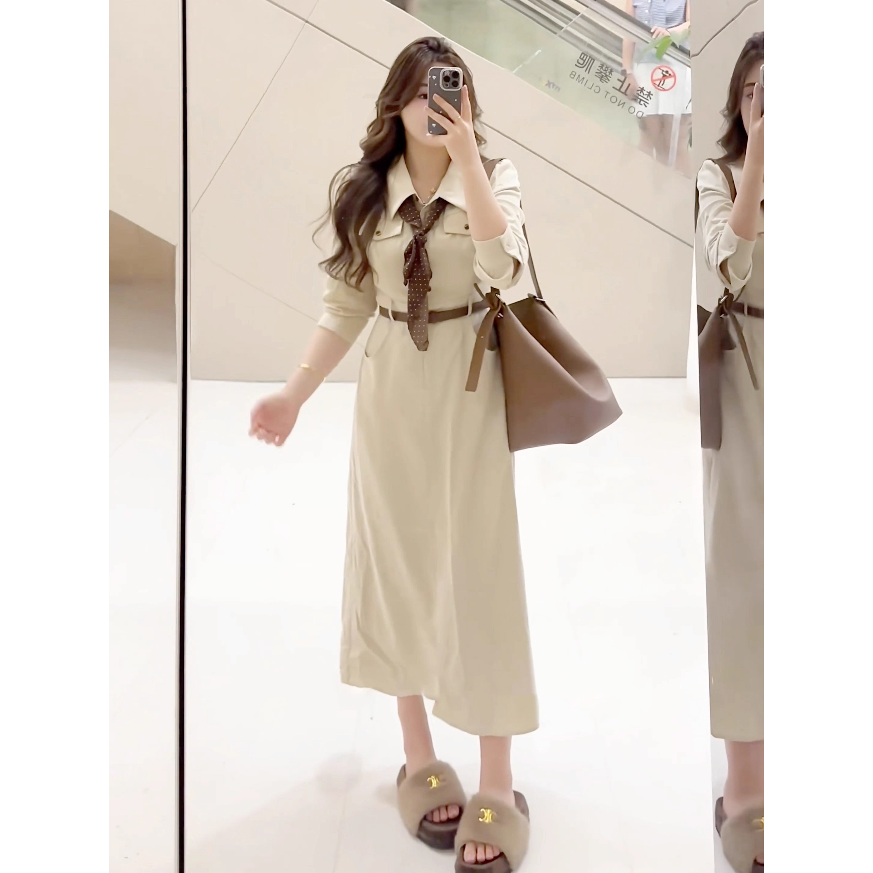 大码韩系高级感气质翻领衬衫连衣裙女胖mm秋季新款收腰显瘦长裙潮