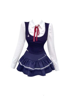 大码胖MM学院风假两件拼接长袖衬衫女春季甜辣撞色半身裙套装