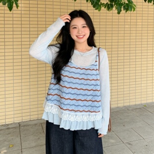 大码 上衣 胖MM复古提花蕾丝针织背心两件套女韩系减龄内搭打底长袖
