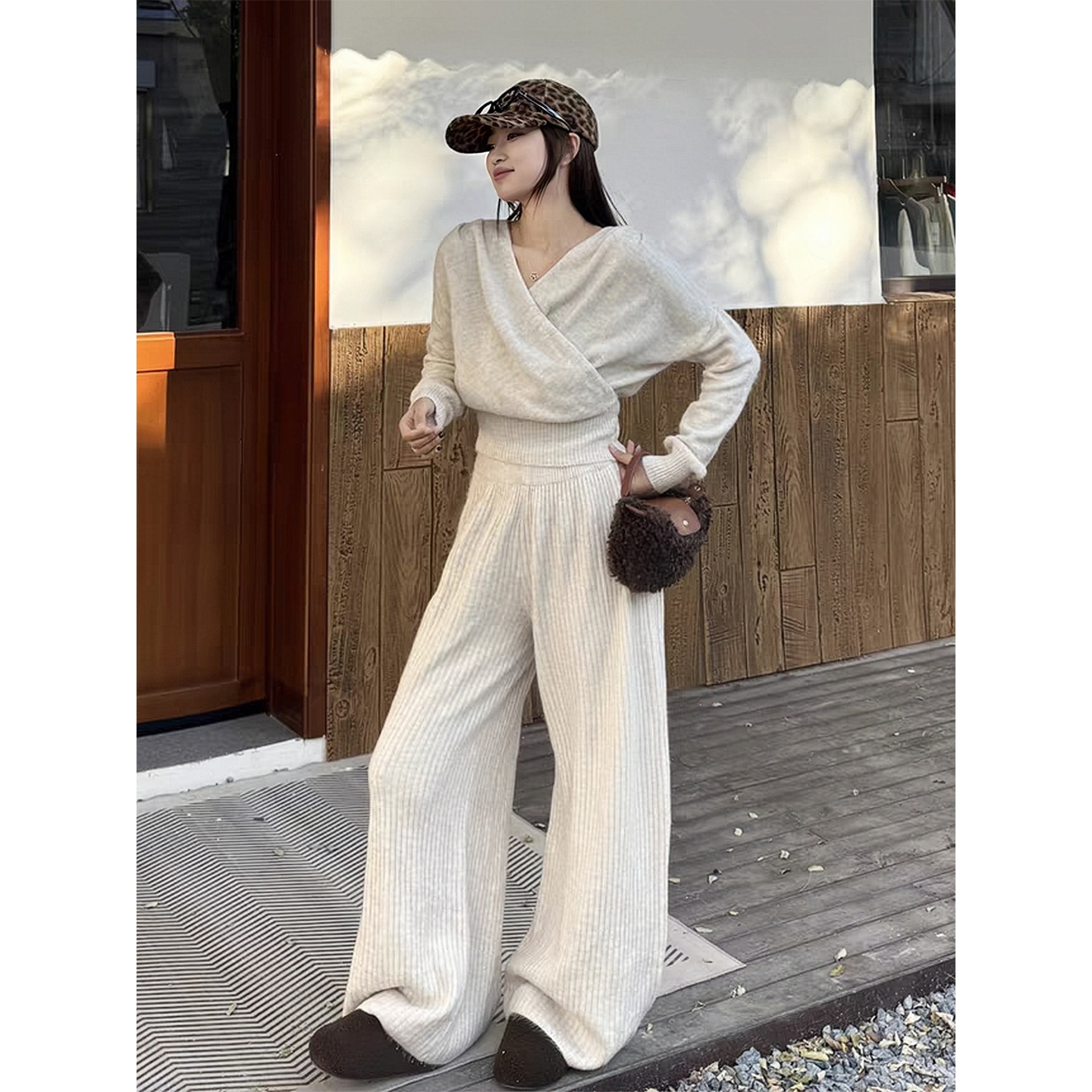 时尚休闲长袖上衣垂感阔腿裤套装