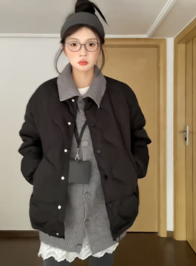 大码胖mm秋冬新款灰色针织毛衣两件套美式复古慵懒黑色棉服外套女