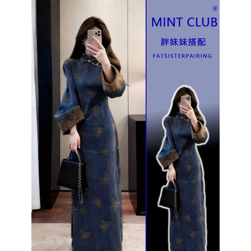 新中式高级感立领收腰开叉旗袍裙