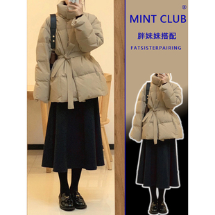 大码 复古风系带收腰棉衣棉服女冬季 新款 百搭加厚保暖外套 胖mm美式