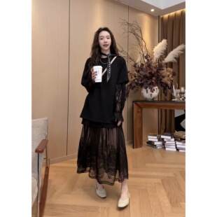 大码 两件套 胖MM设计感蕾丝提花拼接假两件上衣百搭微透半身裙时尚