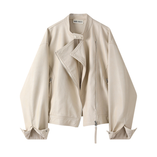 气质夹克上衣女 新款 大码 胖mm韩系设计感立领机车皮衣外套女春季