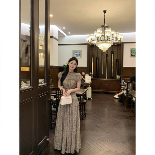法式度假风复古碎花修身收腰长裙