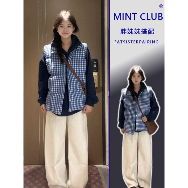 大码胖mm韩系ins复古格纹叠穿马甲女冬季新款慵懒风宽松卫衣套装,女装/女士精品,时尚套装,淘宝优惠券,粉丝福利购,淘宝优惠卷