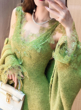 大码胖mm秋季新款温柔风修身拼接蕾丝针织开衫+蕾丝吊带裙套装女
