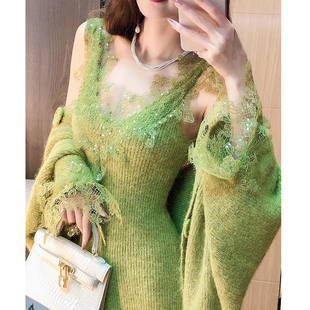 胖mm秋季 蕾丝吊带裙套装 新款 拼接蕾丝针织开衫 女 温柔风修身 大码