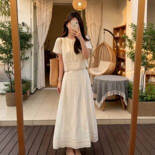 大码胖mm韩系清纯系气质白色上衣女夏季新款淑女休闲A字长裙套装