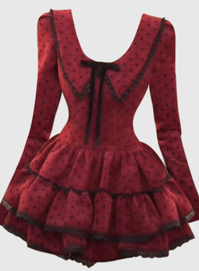 大码胖mm法式复古波点撞色连衣裙女秋季新款收腰蓬蓬蛋糕裙公主裙