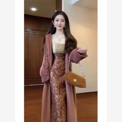 新款提花吊带裙长款大衣两件套装