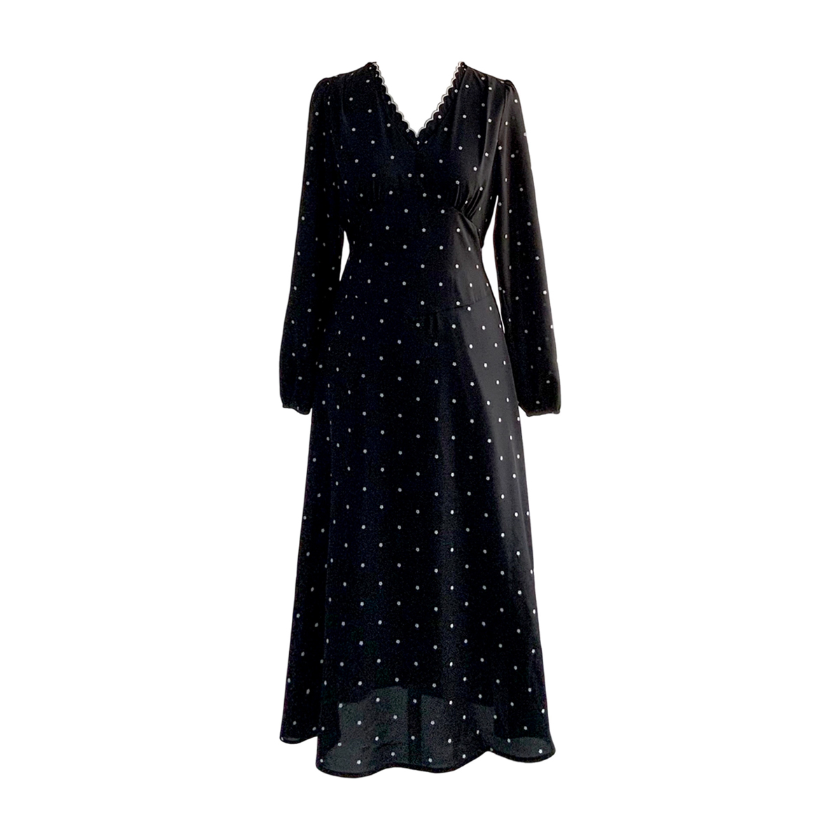 法式高级感V领波点长袖连衣裙女大码秋季新款胖mm收腰显瘦长裙潮