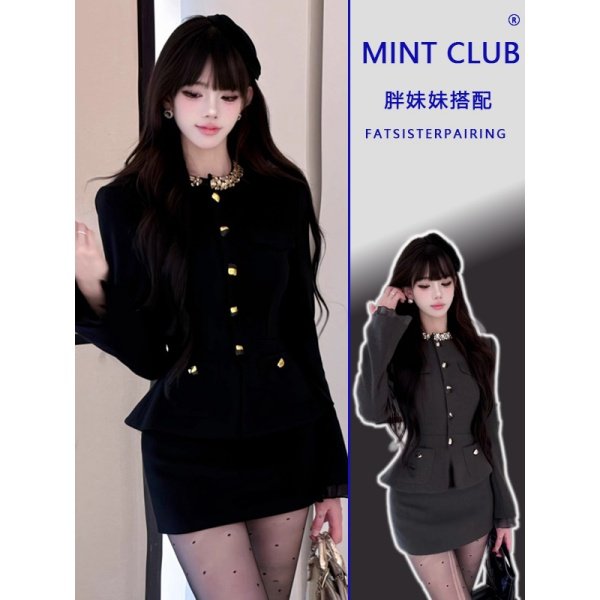 大码胖MM轻奢风黑色西装外套冬季新款千金感气质收腰包臀裙套装女,女装/女士精品,时尚套装,淘宝优惠券,粉丝福利购,淘宝优惠卷