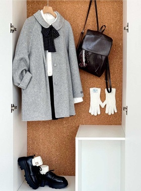 秋冬新款灰色娃娃领百搭毛呢外套女大码胖mm慵懒风气质中长款大衣