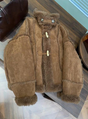 大码胖mm新款棕色立领机车服皮毛长袖一体羊羔毛绒外套女冬季加厚