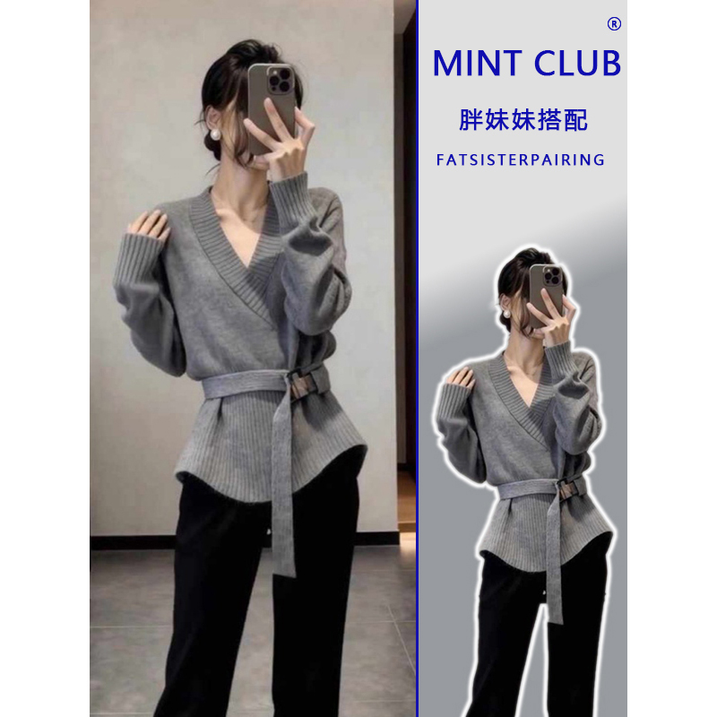 秋冬新款高级感气质V领系带毛衣