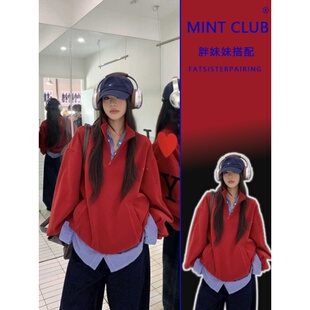 衬衫 女巨好看立领半拉链卫衣 胖MM韩系减龄蓝格子显瘦叠穿长袖 大码
