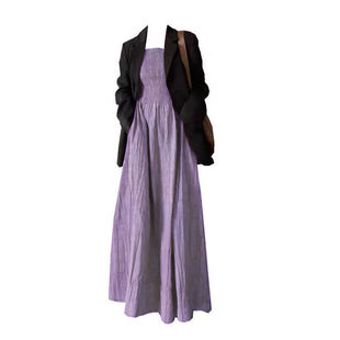 胖mm法式 收腰褶皱吊带裙两件套装 小众黑色西装 新款 女 外套春季 大码