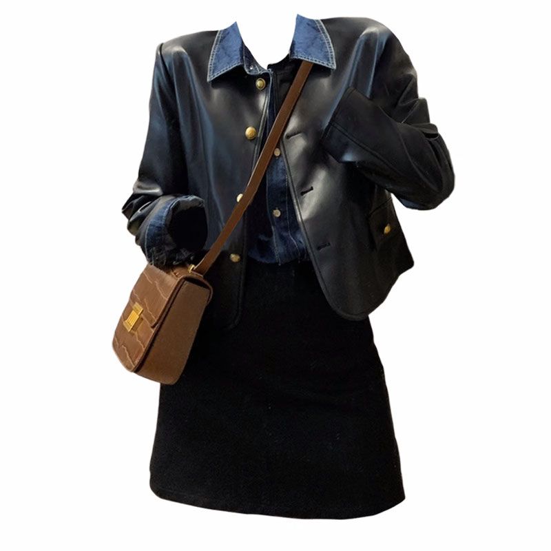 短款pu皮外套秋牛仔衬衫高腰短裙