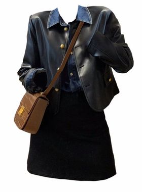 大码胖妹妹美式飒酷风黑色短款皮外套春牛仔衬衫女高腰短裙两件套