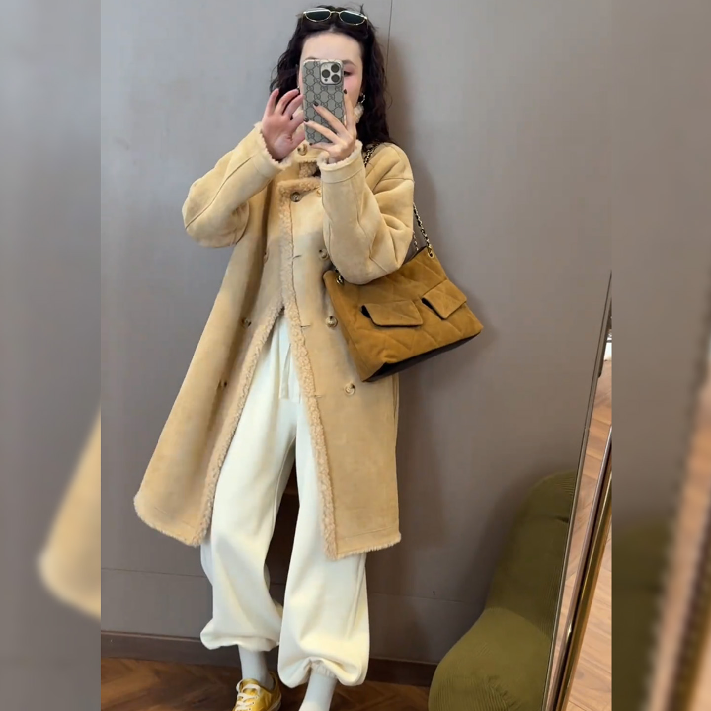 大码胖mm温柔慵懒风羊羔毛立领中长款外套女冬季皮毛一体毛呢大衣