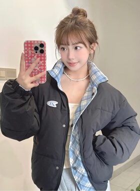 拼接格纹双面穿韩系潮流面包服女冬季学院风宽松保暖棉衣棉服外套