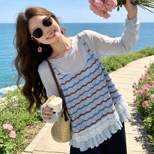 上衣套装 胖MM设计感提花针织背心两件套韩系减龄内搭打底长袖 大码