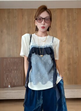 大码胖MM法式蕾丝吊带假两件上衣女夏季新款宽松遮肉气质短袖t恤