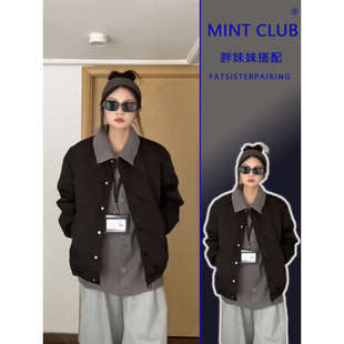 大码胖mm美式复古棉服外套女春季新款休闲百搭针织毛衣内搭两件套