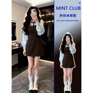 大码胖MM美拉德穿搭学院风复古假两件连衣裙春特别漂亮掐腰小裙子