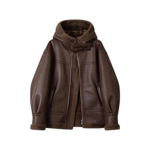 大码胖妹妹美式复古皮毛一体保暖外套女冬季洋气加绒加厚连帽皮衣