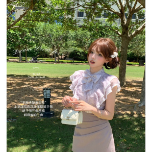 女夏季 衬衫 新款 胖MM大码 法式 包臀短裙两件套装 气质减龄绝美飞飞袖