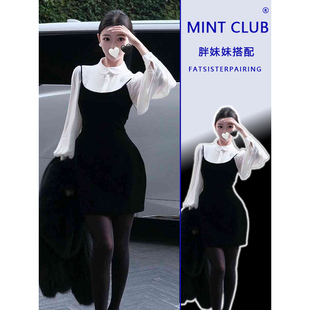 修身 衬衫 吊带短裙两件套 胖MM韩系小香风减龄内搭娃娃领灯笼袖 大码