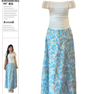 大码胖mm法式海边度假风碎花半身裙夏季新款高级感一字肩T恤套装